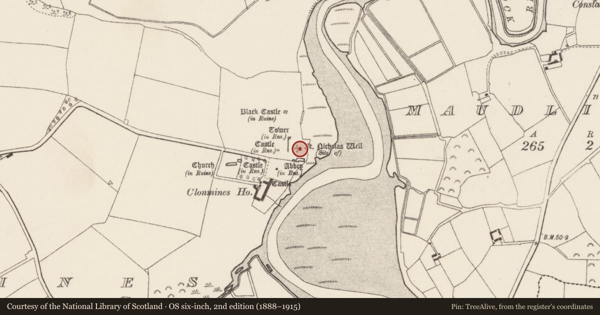 Ordnance Survey six-inch map, 2nd edition (1888–1915) covering the location of Ritual site - holy well, Clonmines, County Wexford, with a pin at the register's coordinates