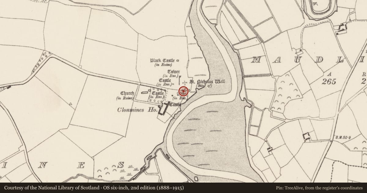 Ordnance Survey six-inch map, 2nd edition (1888–1915) covering the location of Gatehouse, Clonmines, County Wexford, with a pin at the register's coordinates