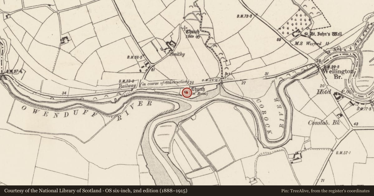 Ordnance Survey six-inch map, 2nd edition (1888–1915) covering the location of Church, Ballylannan, County Wexford, with a pin at the register's coordinates