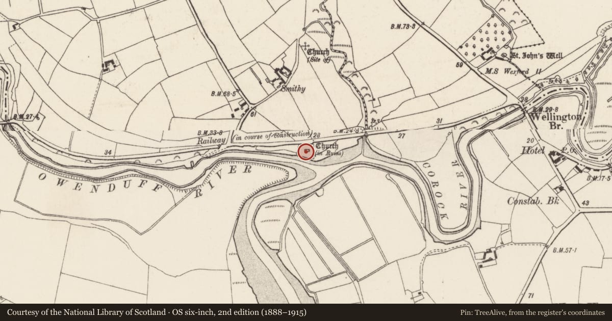Ordnance Survey six-inch map, 2nd edition (1888–1915) covering the location of Graveyard, Ballylannan, County Wexford, with a pin at the register's coordinates