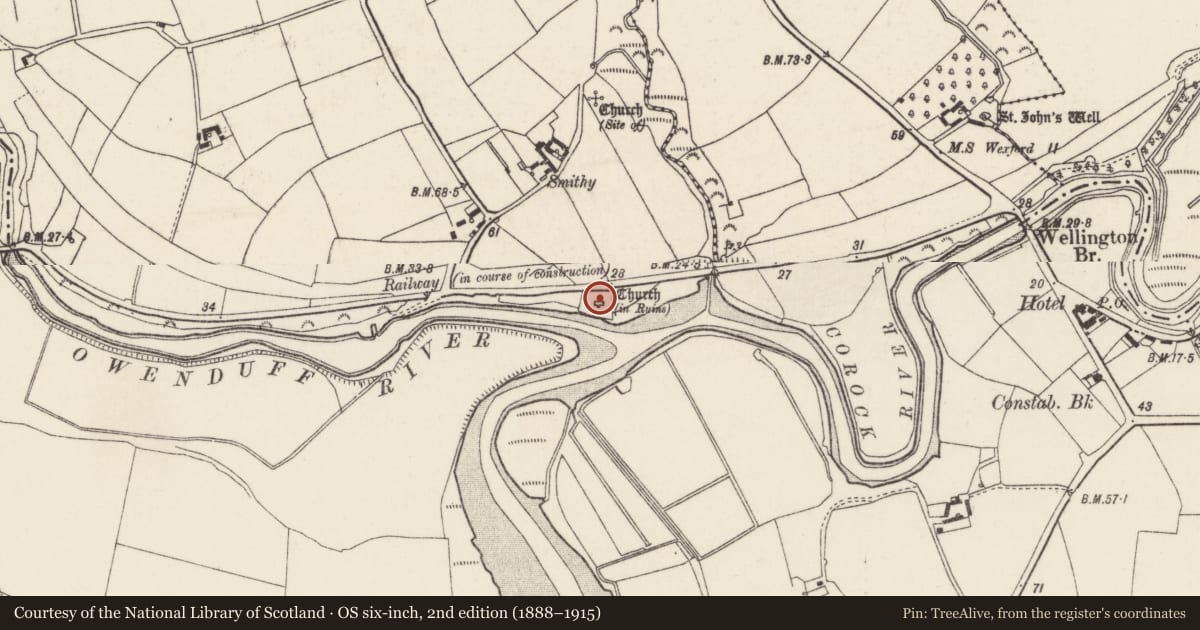 Ordnance Survey six-inch map, 2nd edition (1888–1915) covering the location of Bullaun stone, Ballylannan, County Wexford, with a pin at the register's coordinates