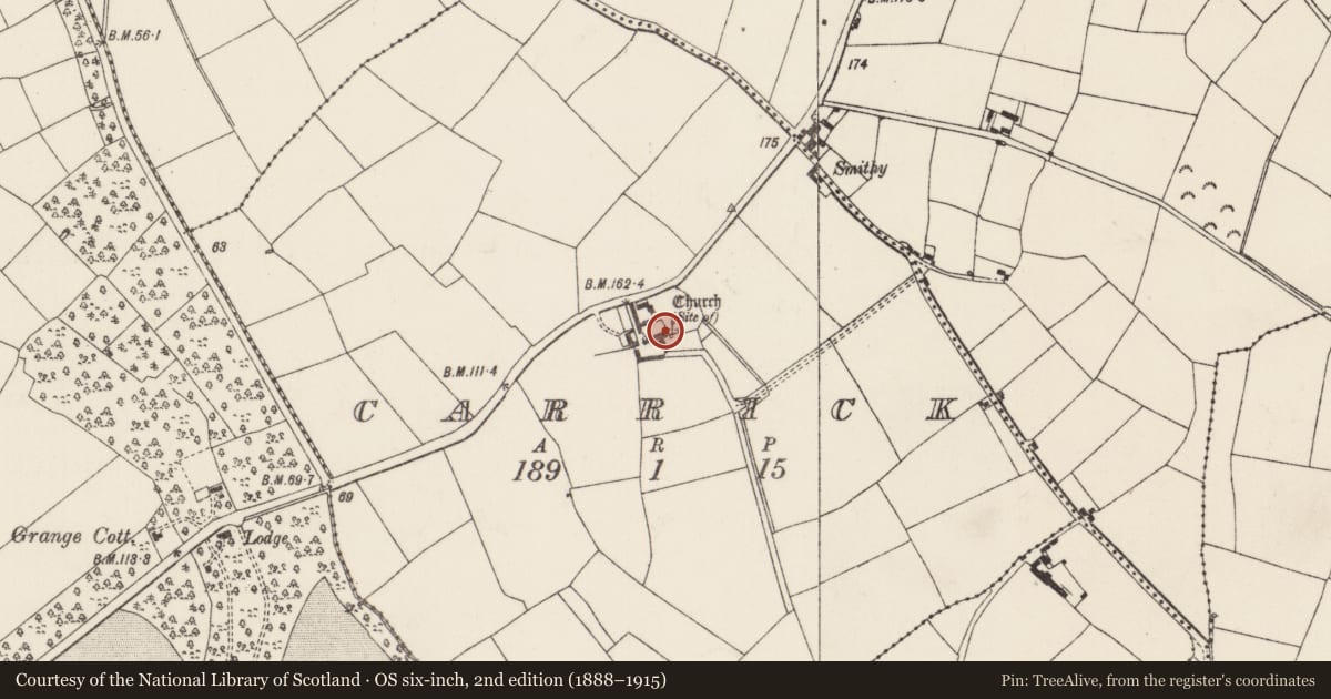 Ordnance Survey six-inch map, 2nd edition (1888–1915) covering the location of Church, Carrick, County Wexford, with a pin at the register's coordinates