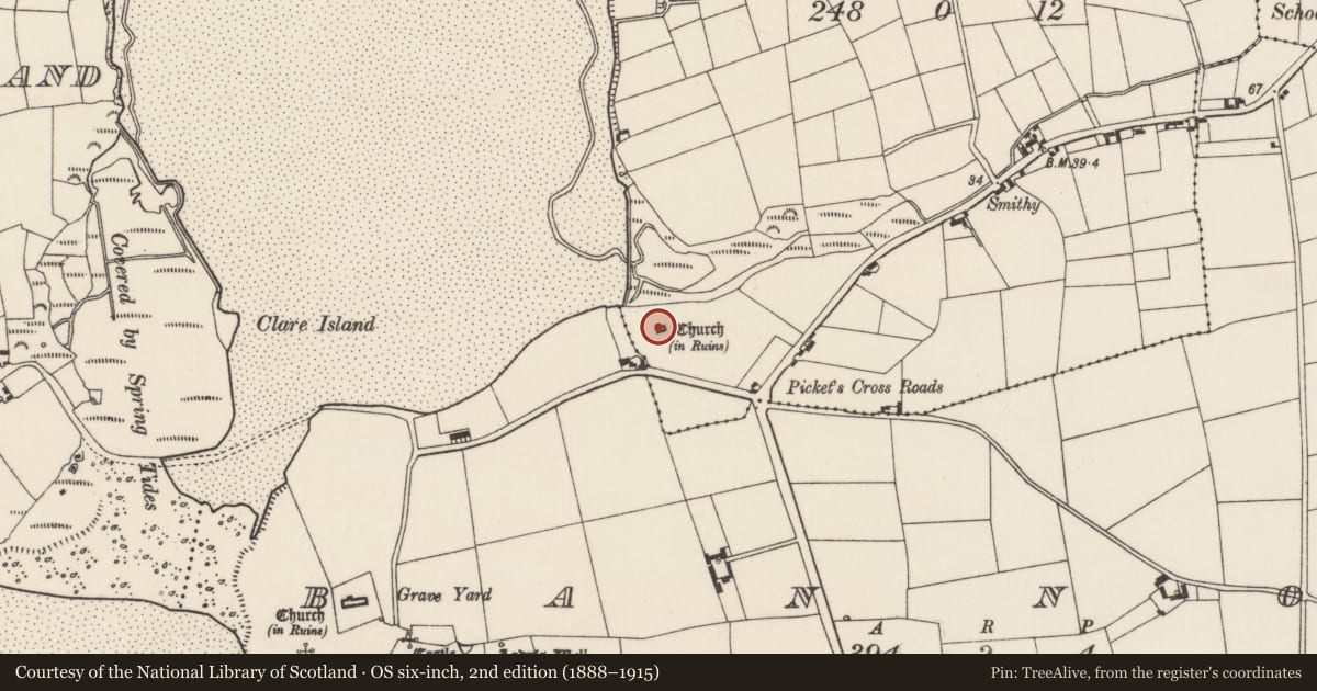 Ordnance Survey six-inch map, 2nd edition (1888–1915) covering the location of Church, Brandane, County Wexford, with a pin at the register's coordinates