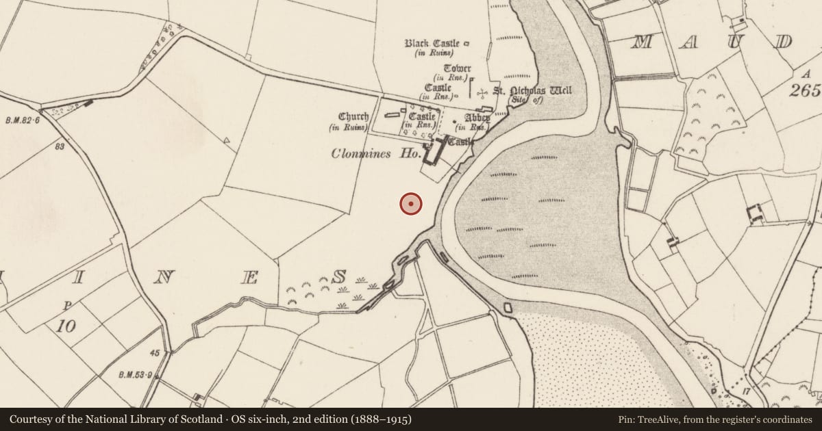 Ordnance Survey six-inch map, 2nd edition (1888–1915) covering the location of Road - road/trackway, Clonmines, County Wexford, with a pin at the register's coordinates