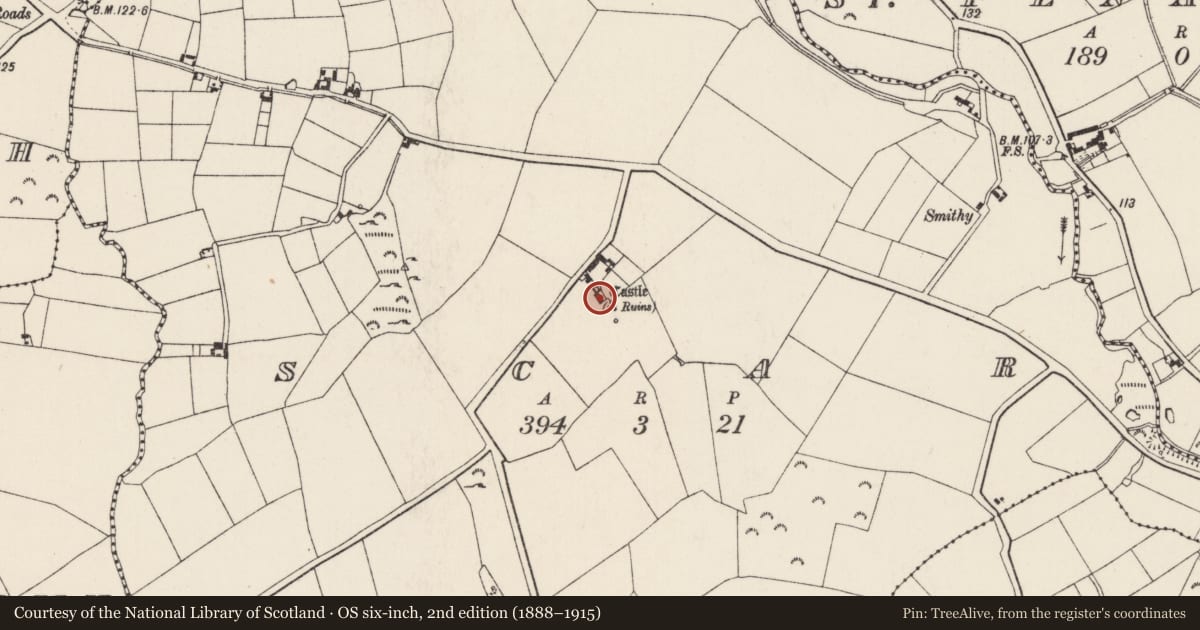 Ordnance Survey six-inch map, 2nd edition (1888–1915) covering the location of House - medieval, Scar, County Wexford, with a pin at the register's coordinates