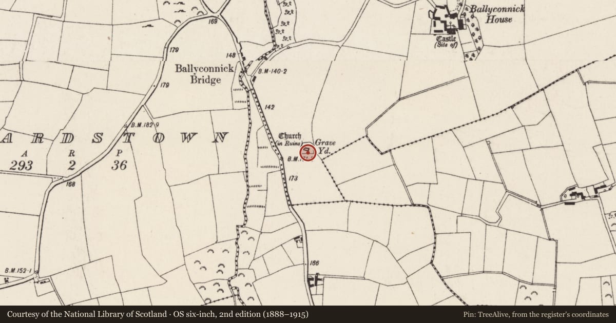 Ordnance Survey six-inch map, 2nd edition (1888–1915) covering the location of Font, Ballyconnick, County Wexford, with a pin at the register's coordinates