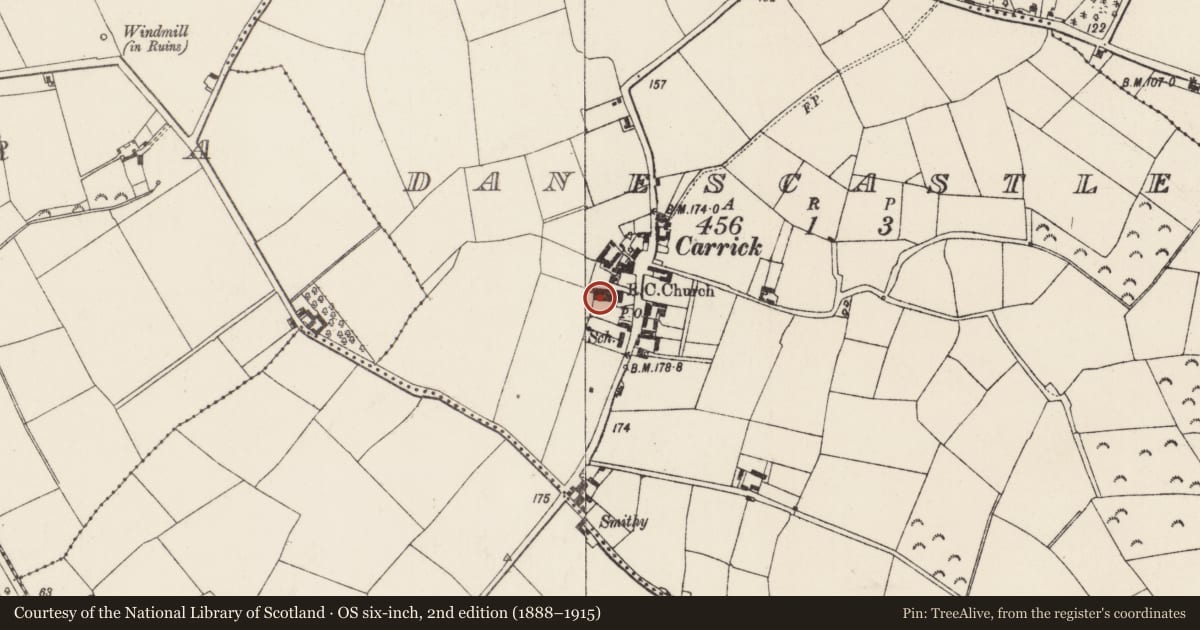 Ordnance Survey six-inch map, 2nd edition (1888–1915) covering the location of Font (present location), Danescastle, County Wexford, with a pin at the register's coordinates
