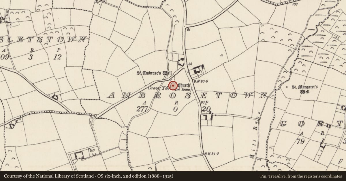 Ordnance Survey six-inch map, 2nd edition (1888–1915) covering the location of Church, Ambrosetown, County Wexford, with a pin at the register's coordinates