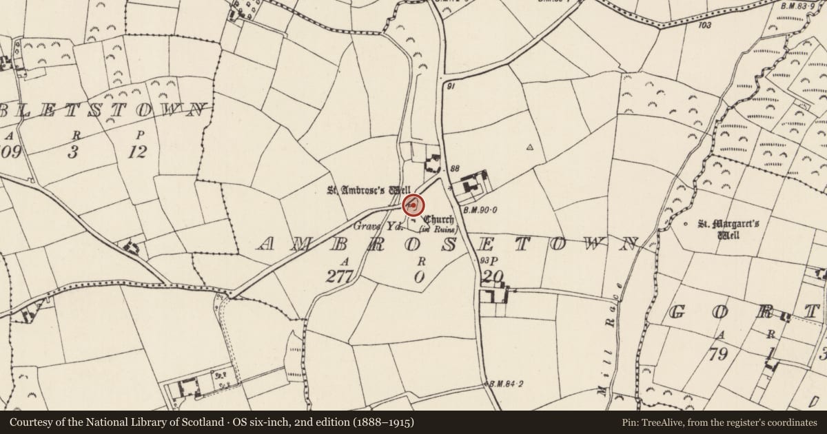Ordnance Survey six-inch map, 2nd edition (1888–1915) covering the location of Ritual site - holy well, Ambrosetown, County Wexford, with a pin at the register's coordinates