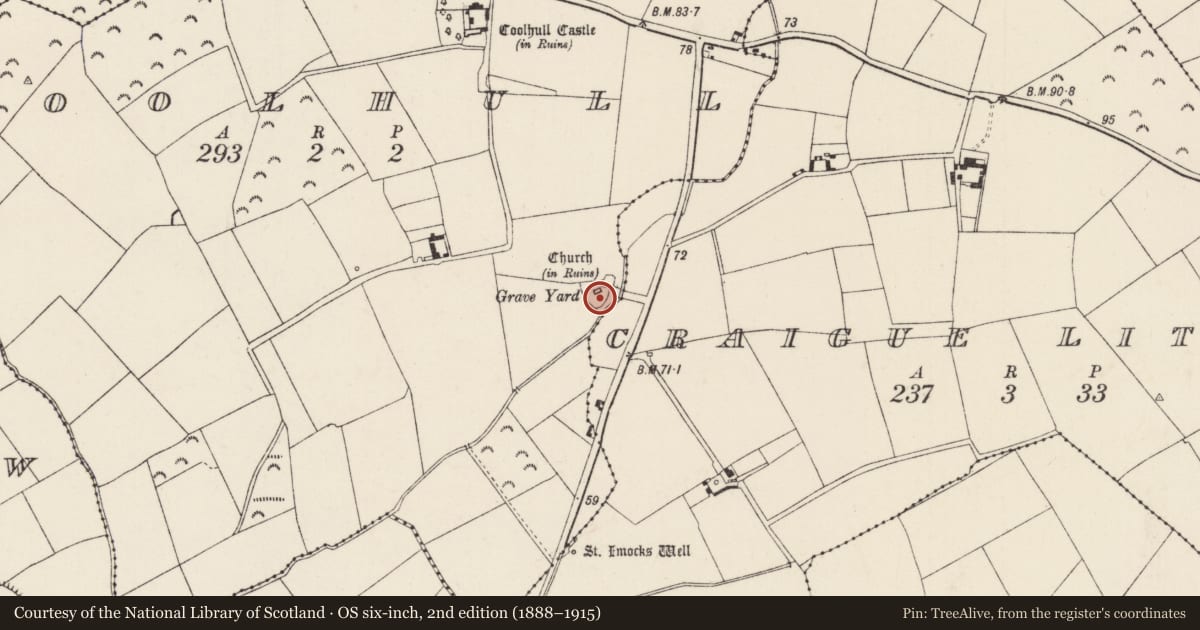 Ordnance Survey six-inch map, 2nd edition (1888–1915) covering the location of Graveyard, Coolhull, County Wexford, with a pin at the register's coordinates