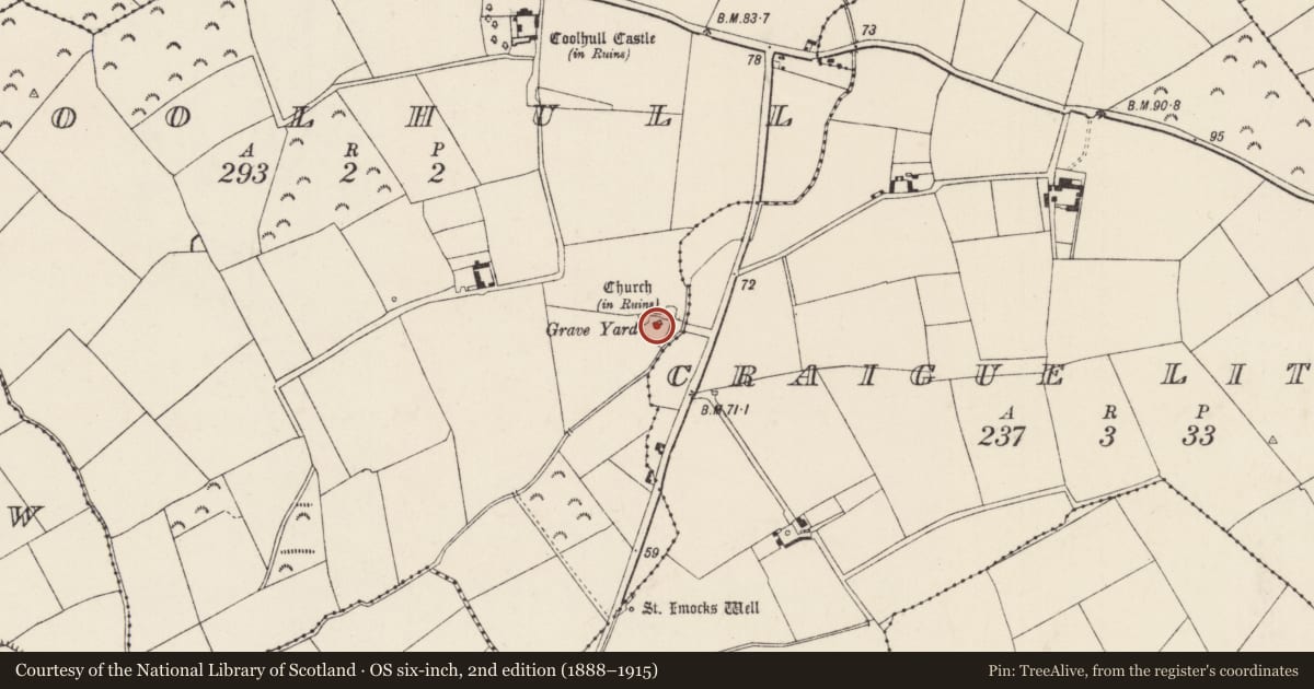 Ordnance Survey six-inch map, 2nd edition (1888–1915) covering the location of Font, Coolhull, County Wexford, with a pin at the register's coordinates