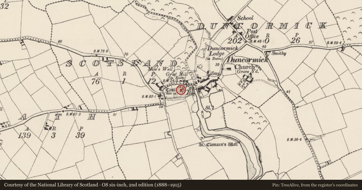 Ordnance Survey six-inch map, 2nd edition (1888–1915) covering the location of Castle - tower house, Duncormick Hill, County Wexford, with a pin at the register's coordinates