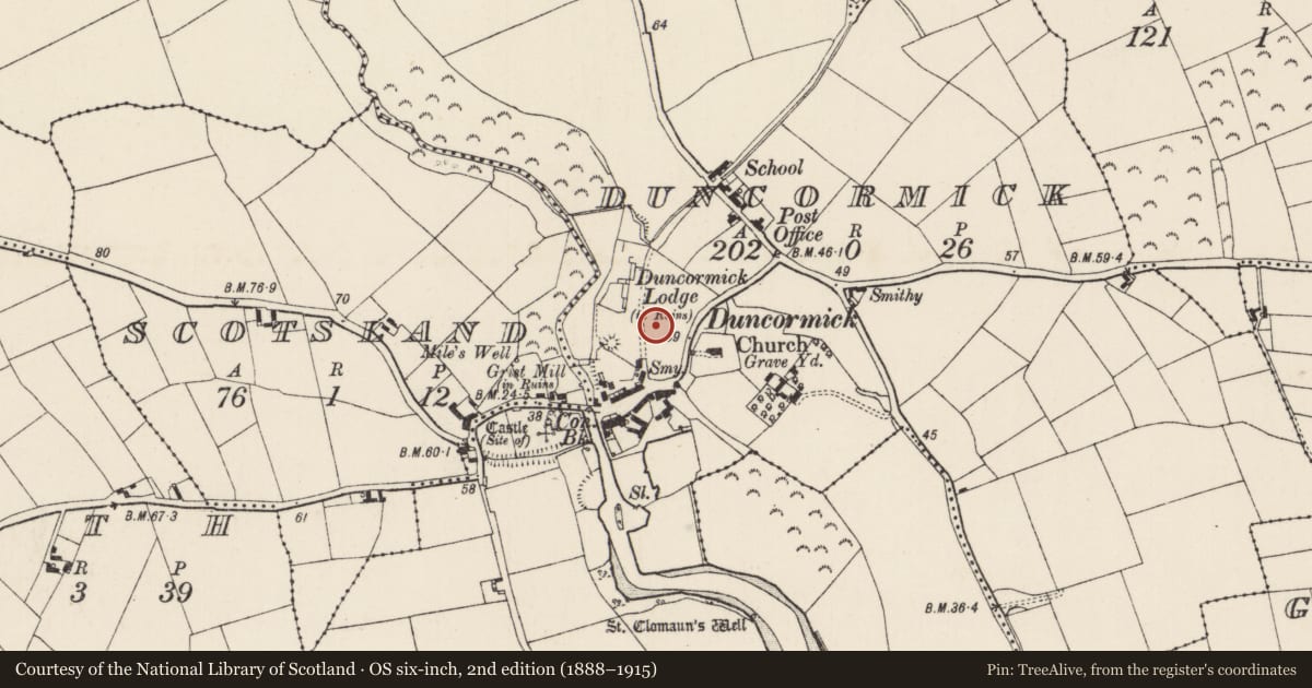 Ordnance Survey six-inch map, 2nd edition (1888–1915) covering the location of Field system, Duncormick, County Wexford, with a pin at the register's coordinates