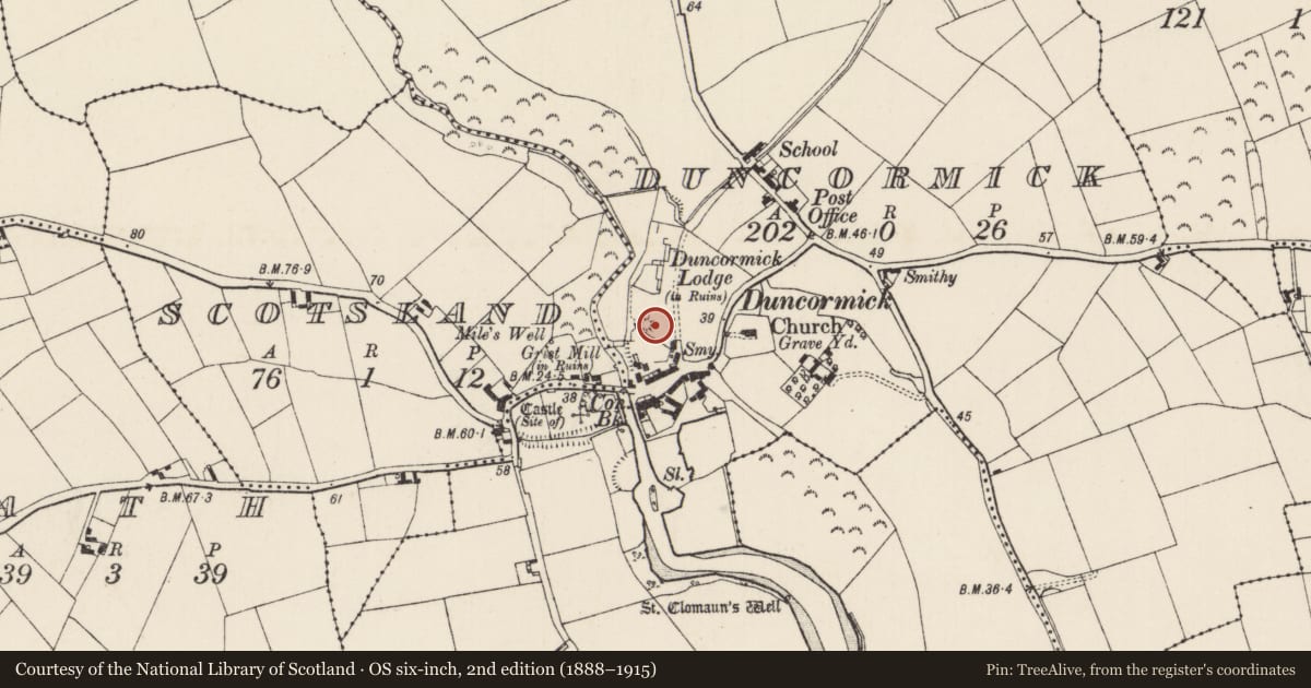 Ordnance Survey six-inch map, 2nd edition (1888–1915) covering the location of House - medieval, Duncormick, County Wexford, with a pin at the register's coordinates