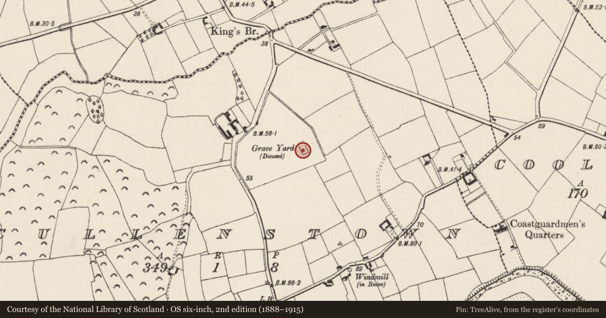 Ordnance Survey six-inch map, 2nd edition (1888–1915) covering the location of Chapel, Cullenstown, County Wexford, with a pin at the register's coordinates