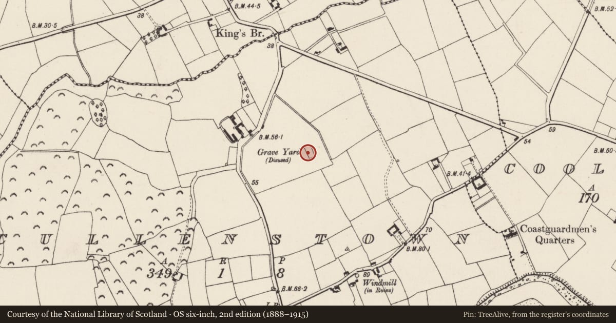 Ordnance Survey six-inch map, 2nd edition (1888–1915) covering the location of Churchyard, Cullenstown, County Wexford, with a pin at the register's coordinates