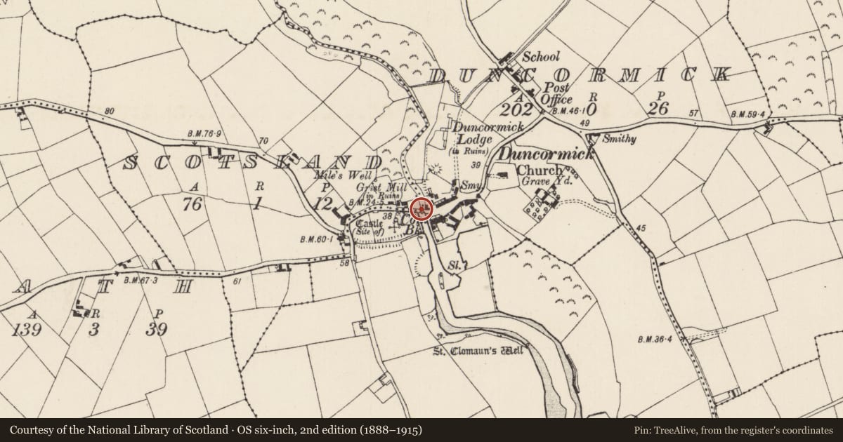 Ordnance Survey six-inch map, 2nd edition (1888–1915) covering the location of Bridge, Duncormick, Scotsland, County Wexford, with a pin at the register's coordinates