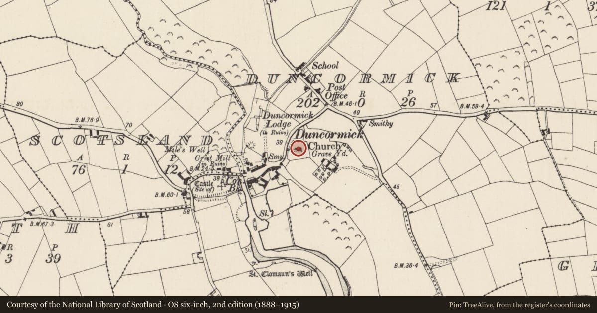 Ordnance Survey six-inch map, 2nd edition (1888–1915) covering the location of Church, Duncormick, County Wexford, with a pin at the register's coordinates