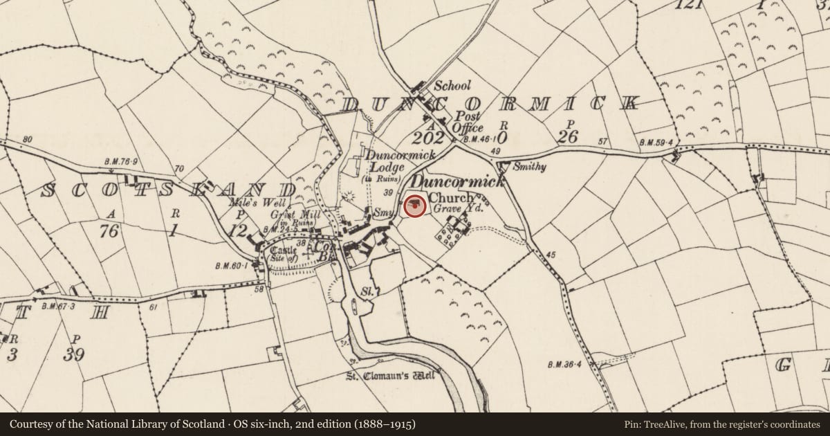 Ordnance Survey six-inch map, 2nd edition (1888–1915) covering the location of Graveyard, Duncormick, County Wexford, with a pin at the register's coordinates