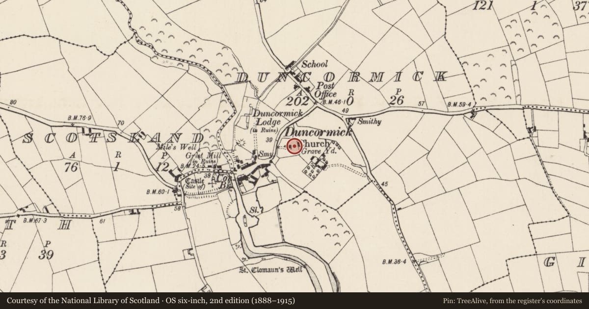 Ordnance Survey six-inch map, 2nd edition (1888–1915) covering the location of Ecclesiastical enclosure, Duncormick, County Wexford, with a pin at the register's coordinates