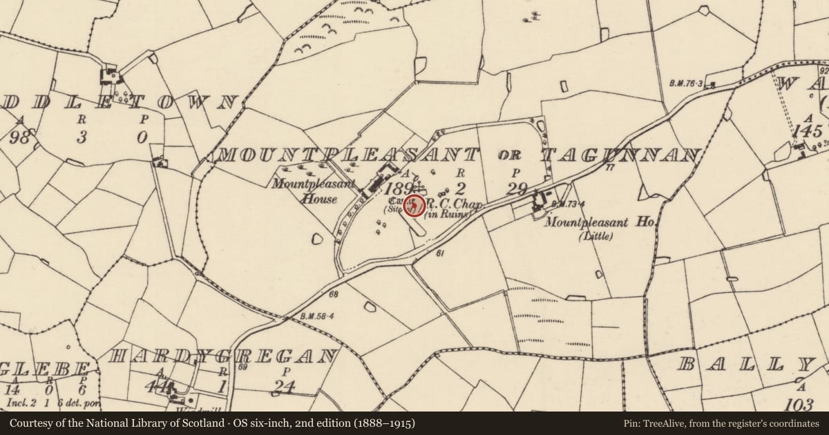 Ordnance Survey six-inch map, 2nd edition (1888–1915) covering the location of Moated site, Mountpleasant Or Tagunnan, County Wexford, with a pin at the register's coordinates