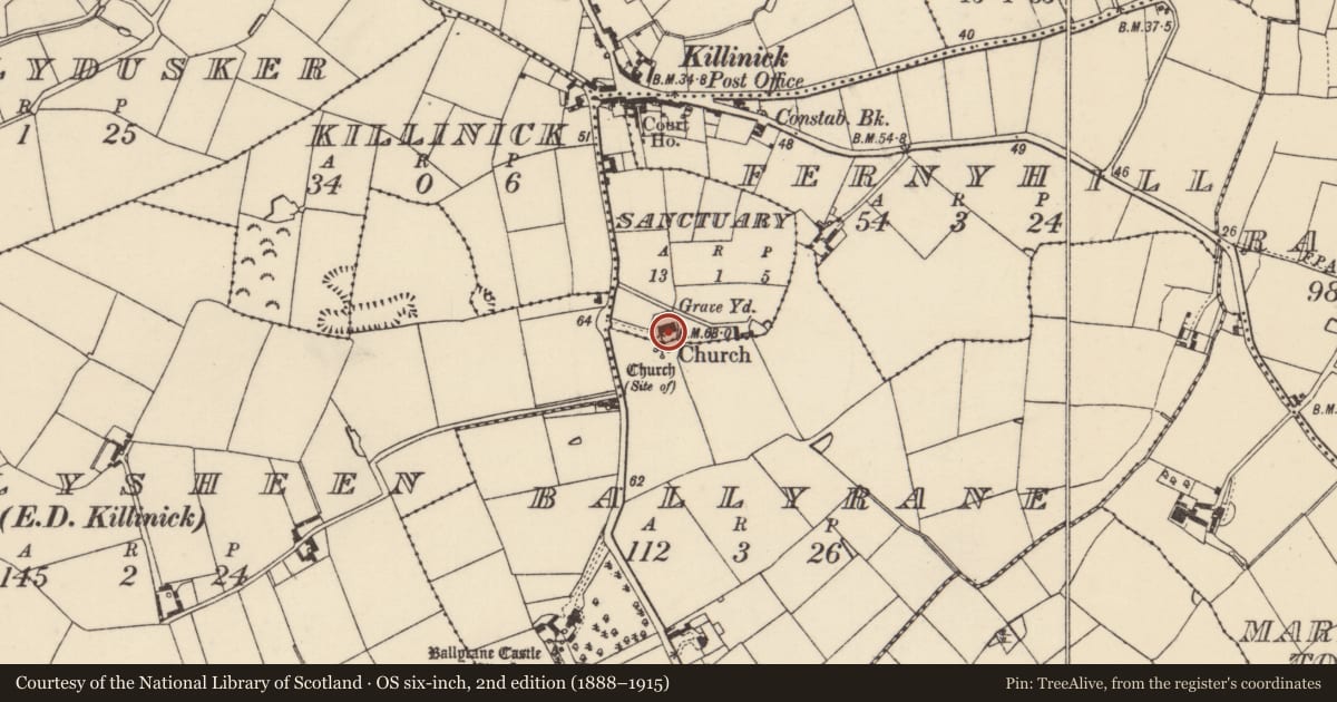 Ordnance Survey six-inch map, 2nd edition (1888–1915) covering the location of Church, Sanctuary, County Wexford, with a pin at the register's coordinates