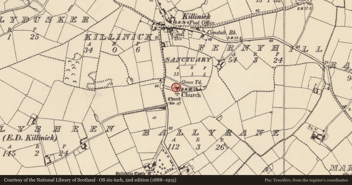 Ordnance Survey six-inch map, 2nd edition (1888–1915) covering the location of Graveyard, Ballyrane, Sanctuary, County Wexford, with a pin at the register's coordinates