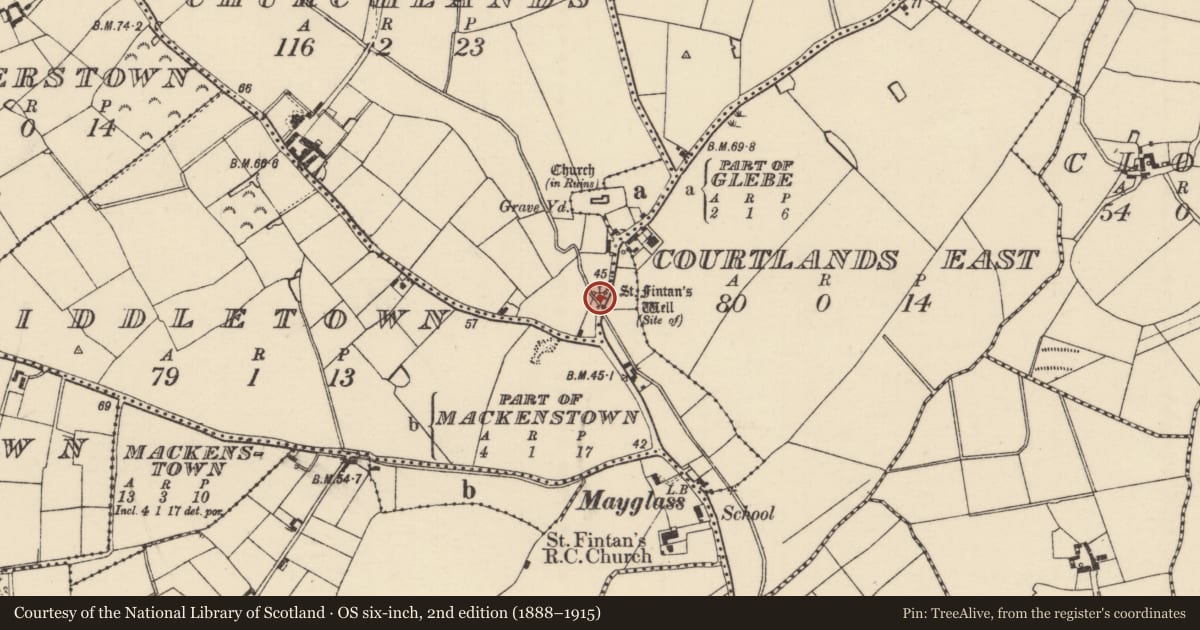 Ordnance Survey six-inch map, 2nd edition (1888–1915) covering the location of Ritual site - holy well, Churchlands, County Wexford, with a pin at the register's coordinates