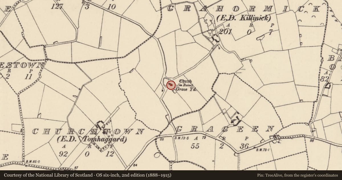 Ordnance Survey six-inch map, 2nd edition (1888–1915) covering the location of Church, Grahormick, County Wexford, with a pin at the register's coordinates