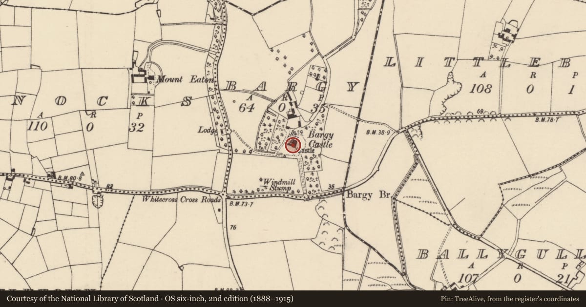 Ordnance Survey six-inch map, 2nd edition (1888–1915) covering the location of Armorial plaque, Bargy, County Wexford, with a pin at the register's coordinates