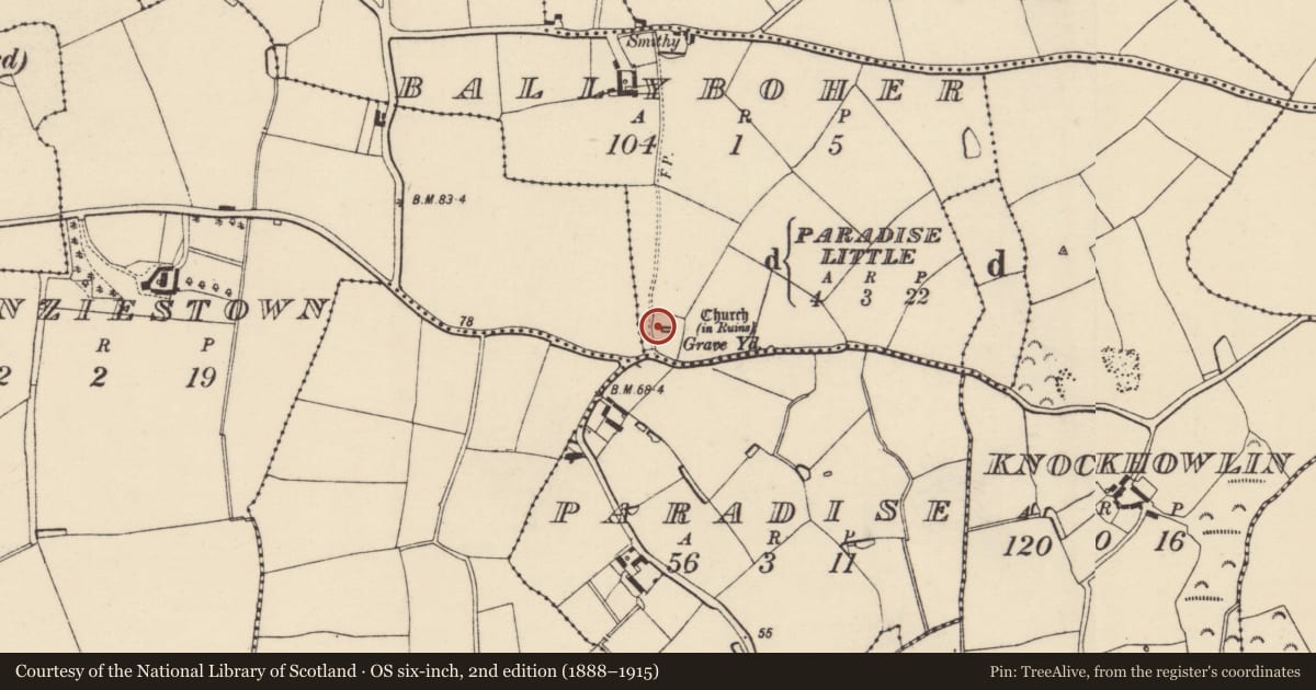 Ordnance Survey six-inch map, 2nd edition (1888–1915) covering the location of Church, Ballyboher, County Wexford, with a pin at the register's coordinates