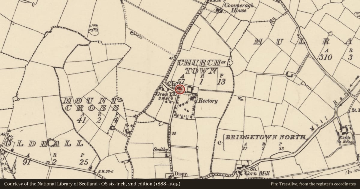 Ordnance Survey six-inch map, 2nd edition (1888–1915) covering the location of Church, Churchtown, County Wexford, with a pin at the register's coordinates