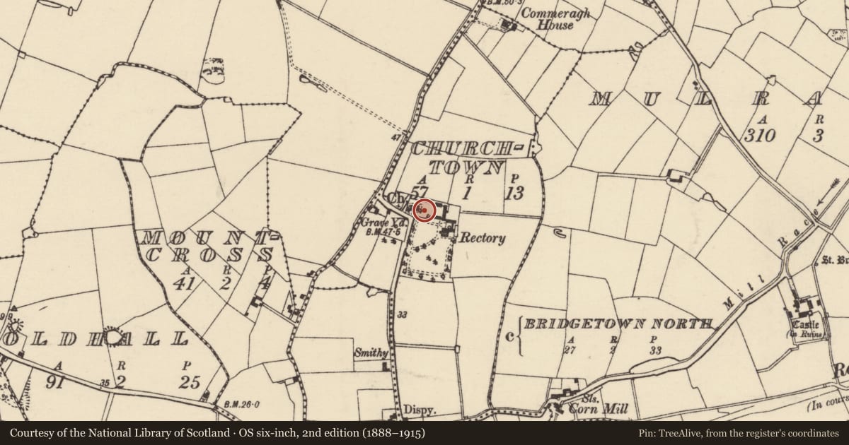 Ordnance Survey six-inch map, 2nd edition (1888–1915) covering the location of Graveyard, Churchtown, County Wexford, with a pin at the register's coordinates