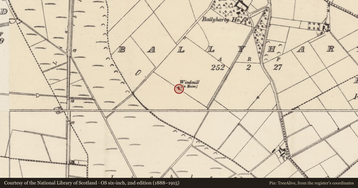 Ordnance Survey six-inch map, 2nd edition (1888–1915) covering the location of Windmill, Ballyharty, County Wexford, with a pin at the register's coordinates