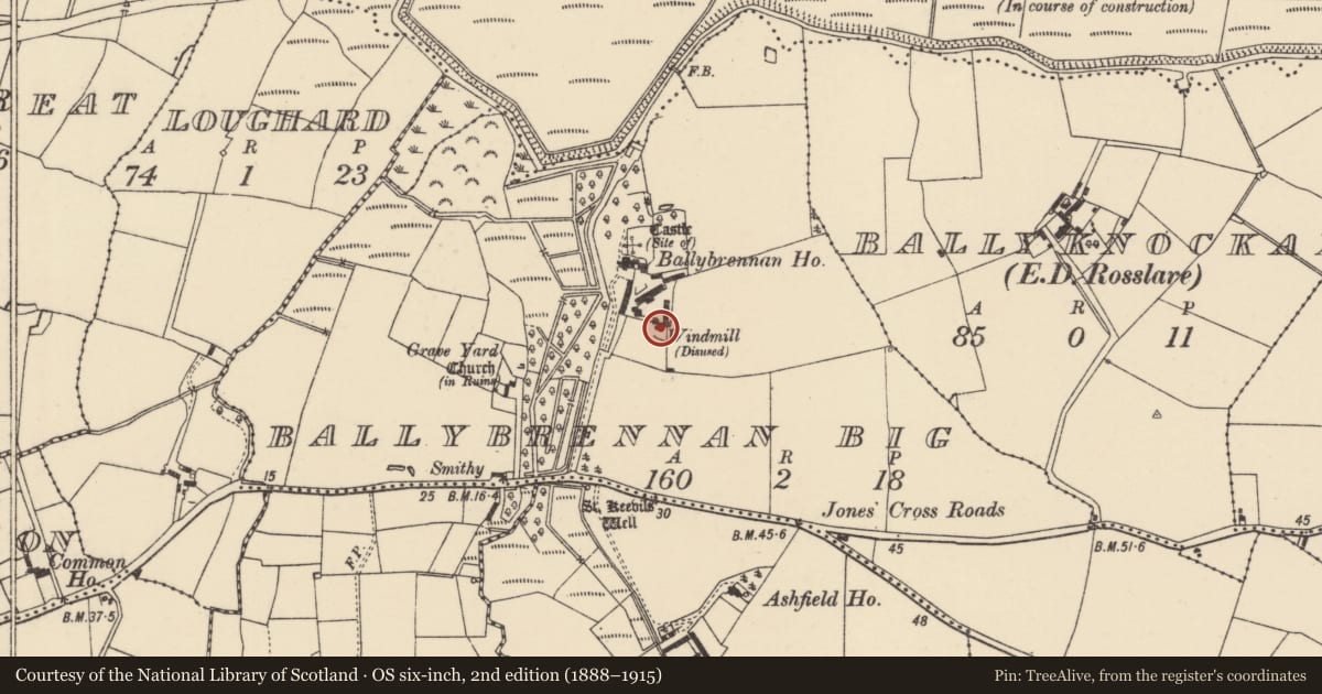 Ordnance Survey six-inch map, 2nd edition (1888–1915) covering the location of Windmill, Ballybrennan Big, County Wexford, with a pin at the register's coordinates