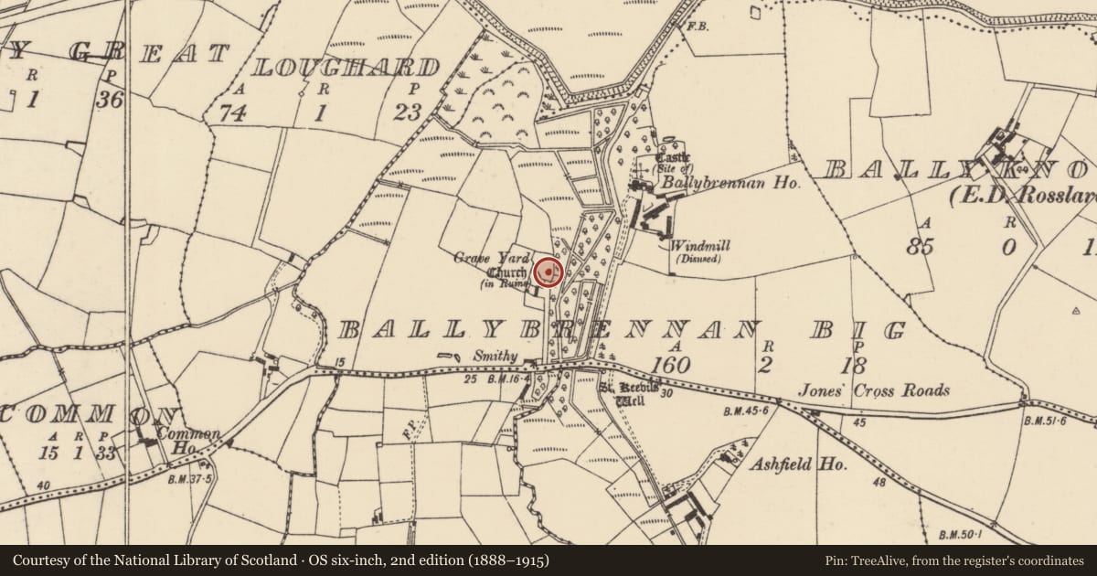 Ordnance Survey six-inch map, 2nd edition (1888–1915) covering the location of Church, Ballybrennan Big, County Wexford, with a pin at the register's coordinates