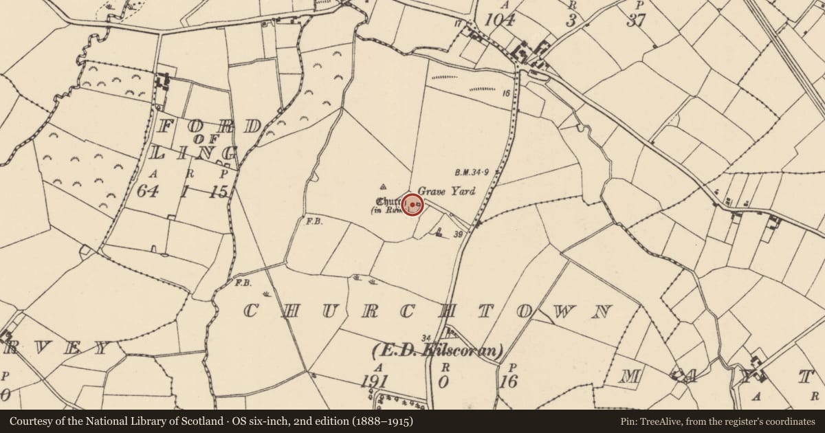 Ordnance Survey six-inch map, 2nd edition (1888–1915) covering the location of Graveyard, Churchtown, County Wexford, with a pin at the register's coordinates