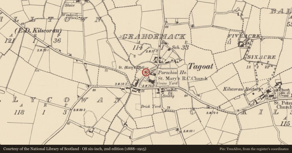 Ordnance Survey six-inch map, 2nd edition (1888–1915) covering the location of Ritual site - holy well, Grahormack, County Wexford, with a pin at the register's coordinates