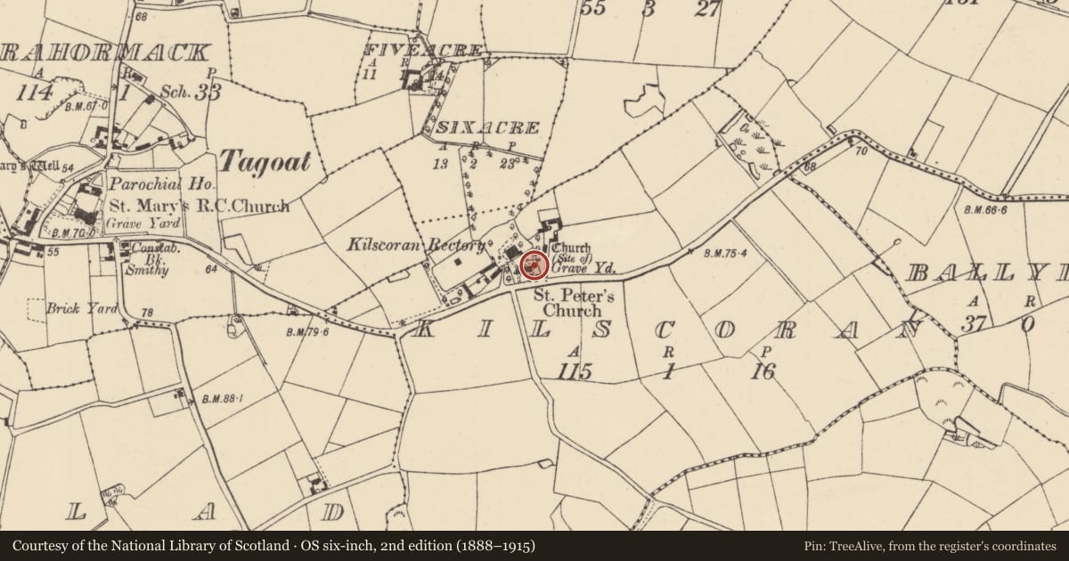 Ordnance Survey six-inch map, 2nd edition (1888–1915) covering the location of Church, Kilscoran, County Wexford, with a pin at the register's coordinates