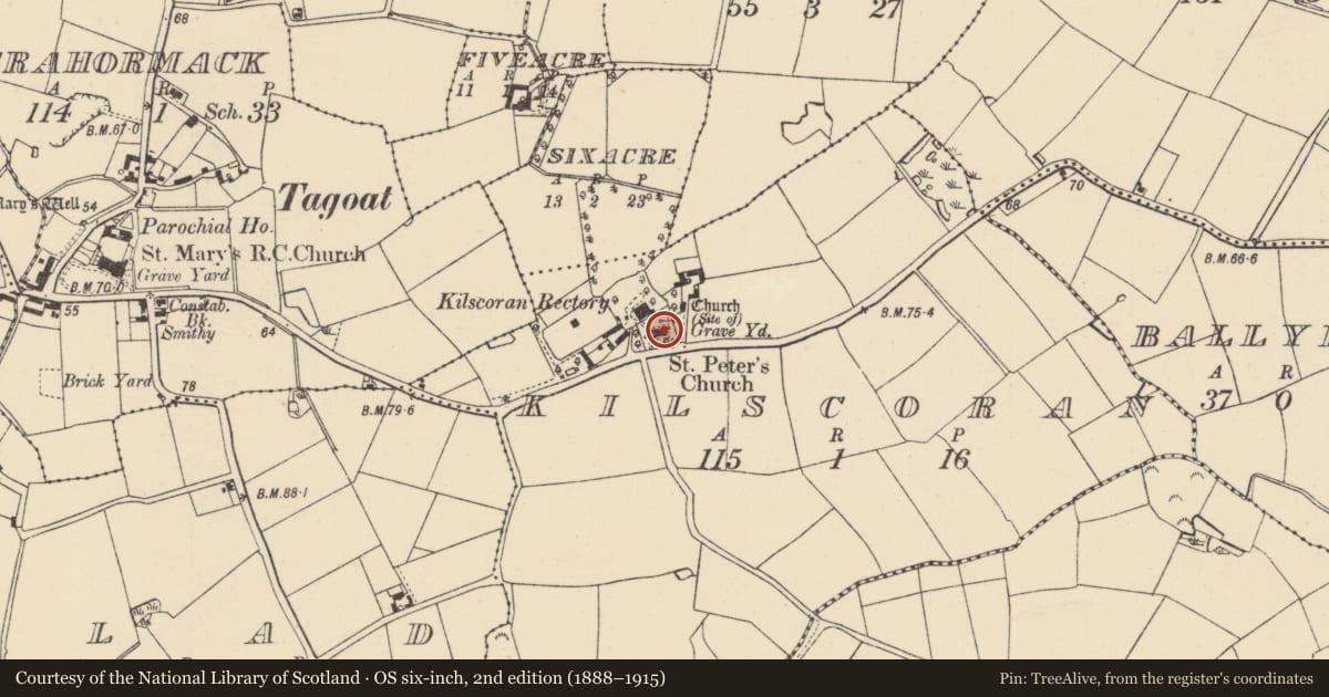 Ordnance Survey six-inch map, 2nd edition (1888–1915) covering the location of Graveyard, Kilscoran, County Wexford, with a pin at the register's coordinates