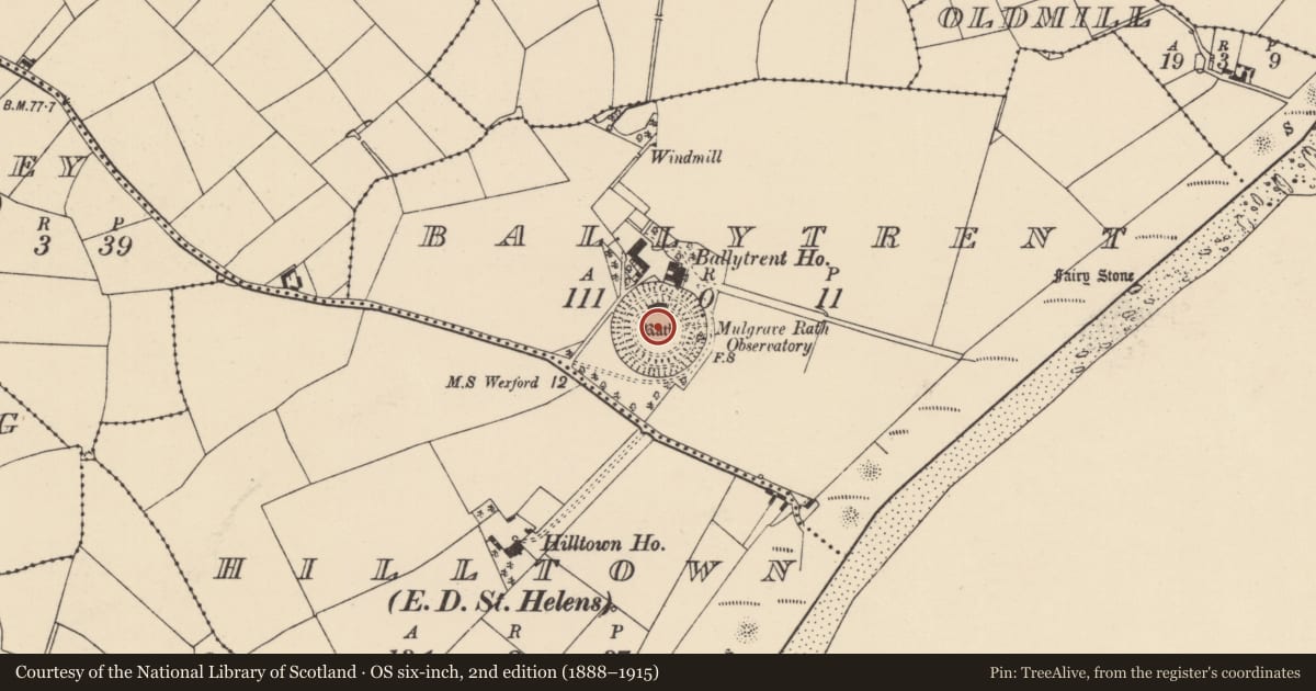 Ordnance Survey six-inch map, 2nd edition (1888–1915) covering the location of Enclosure - large enclosure, Ballytrent, County Wexford, with a pin at the register's coordinates
