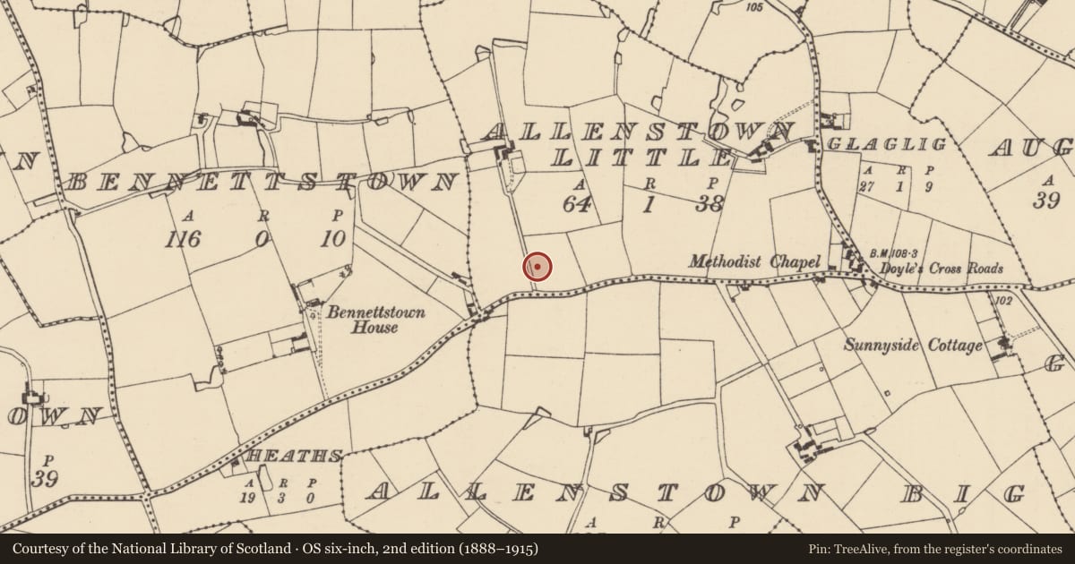 Ordnance Survey six-inch map, 2nd edition (1888–1915) covering the location of Ring-ditch, Allenstown Little, County Wexford, with a pin at the register's coordinates