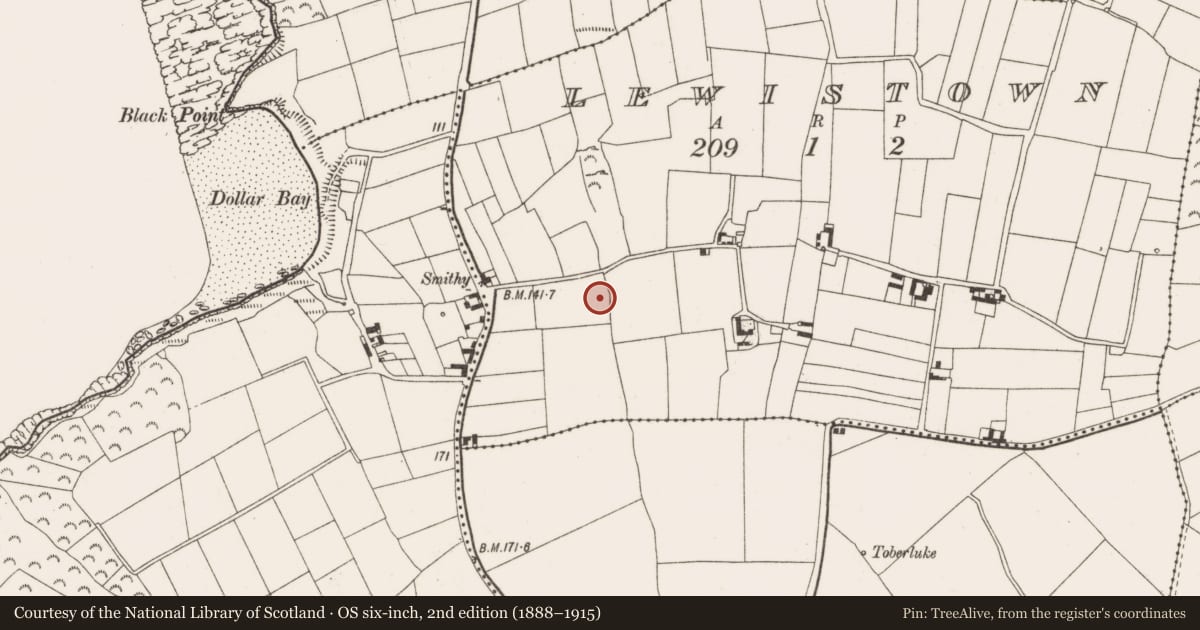Ordnance Survey six-inch map, 2nd edition (1888–1915) covering the location of Ringfort - rath, Lewistown, County Wexford, with a pin at the register's coordinates