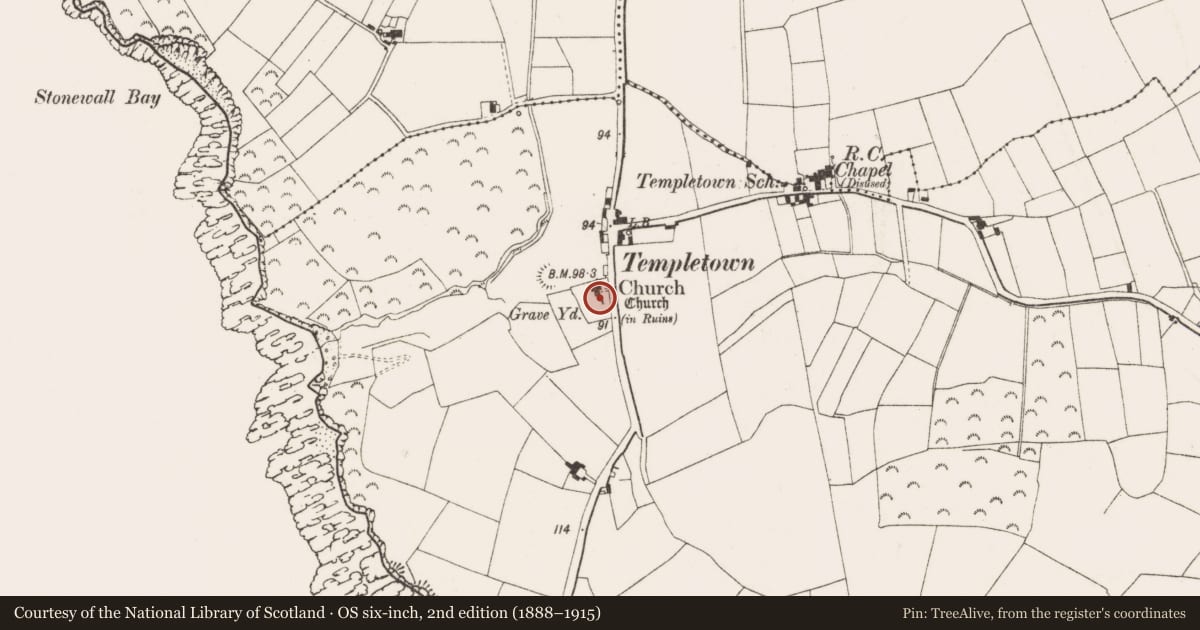 Ordnance Survey six-inch map, 2nd edition (1888–1915) covering the location of Church, Templetown, County Wexford, with a pin at the register's coordinates