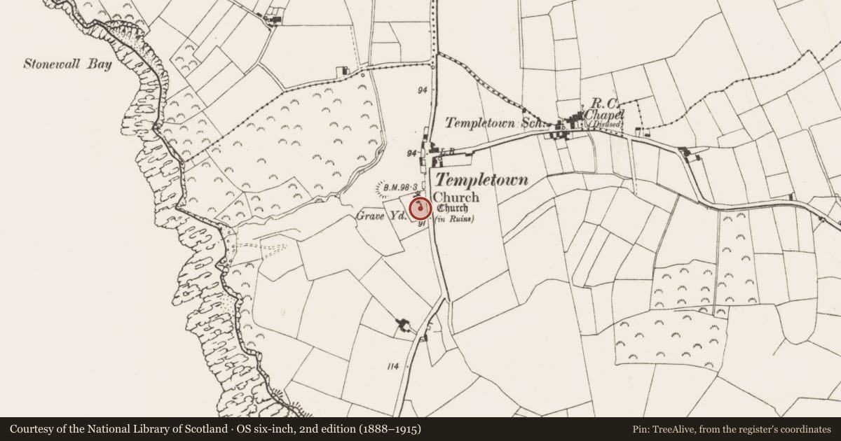 Ordnance Survey six-inch map, 2nd edition (1888–1915) covering the location of Graveyard, Templetown, County Wexford, with a pin at the register's coordinates