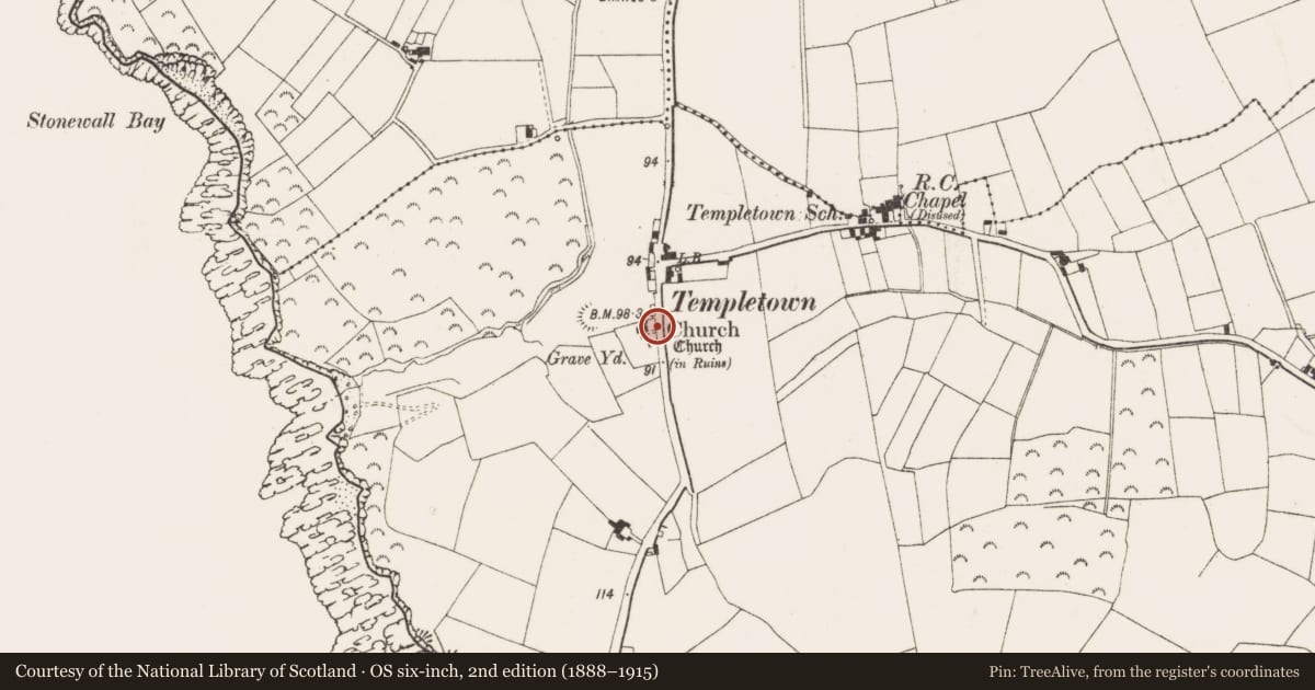 Ordnance Survey six-inch map, 2nd edition (1888–1915) covering the location of Bullaun stone, Templetown, County Wexford, with a pin at the register's coordinates
