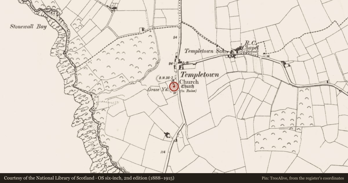 Ordnance Survey six-inch map, 2nd edition (1888–1915) covering the location of Graveslab, Templetown, County Wexford, with a pin at the register's coordinates