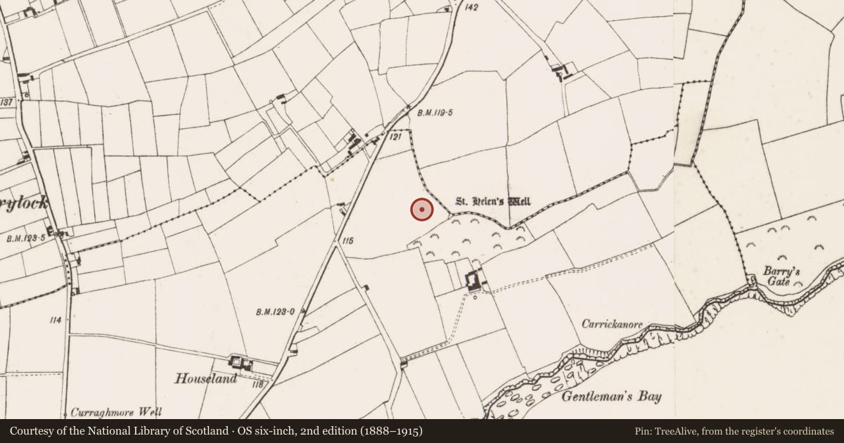 Ordnance Survey six-inch map, 2nd edition (1888–1915) covering the location of Church, Houseland, County Wexford, with a pin at the register's coordinates