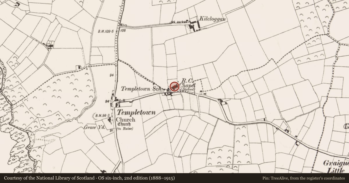 Ordnance Survey six-inch map, 2nd edition (1888–1915) covering the location of Church, Templetown, County Wexford, with a pin at the register's coordinates