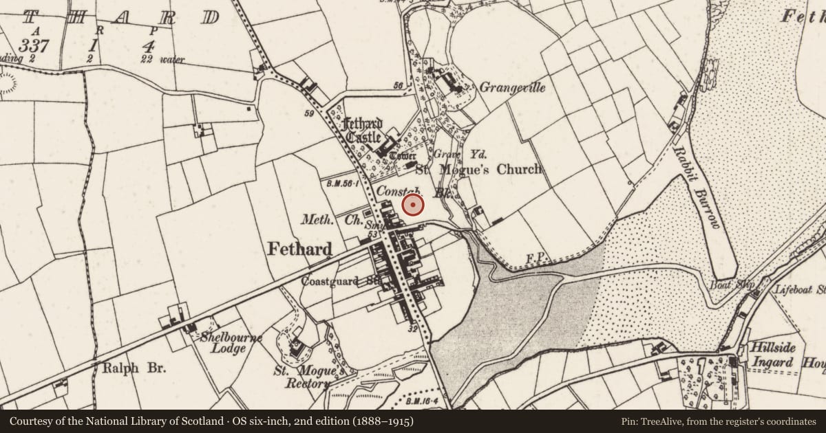 Ordnance Survey six-inch map, 2nd edition (1888–1915) covering the location of Midden, Grange, County Wexford, with a pin at the register's coordinates